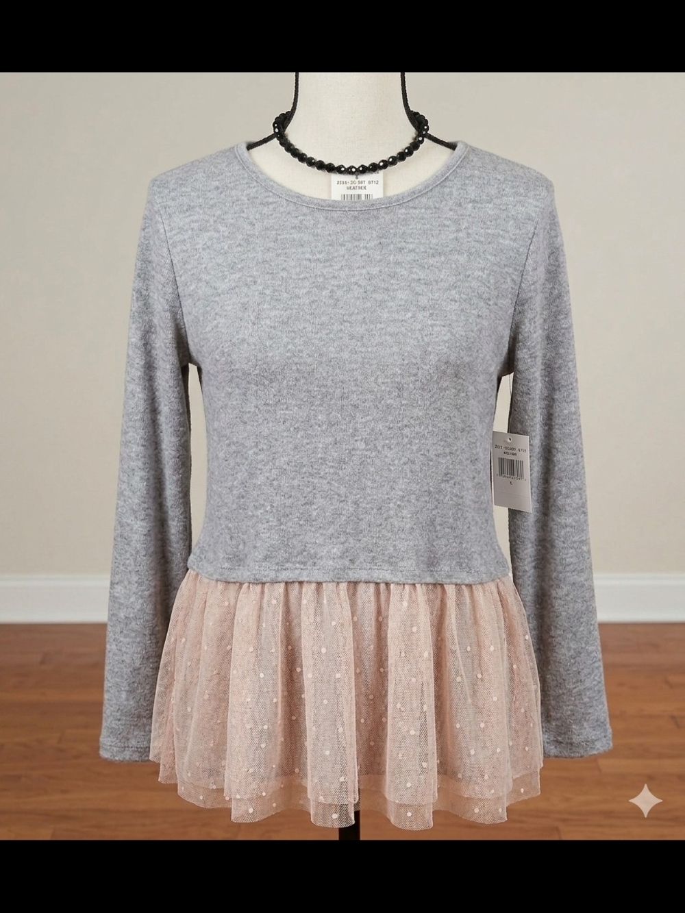 Girls' Gray Knit Sweater Top with Pink Tulle Hem